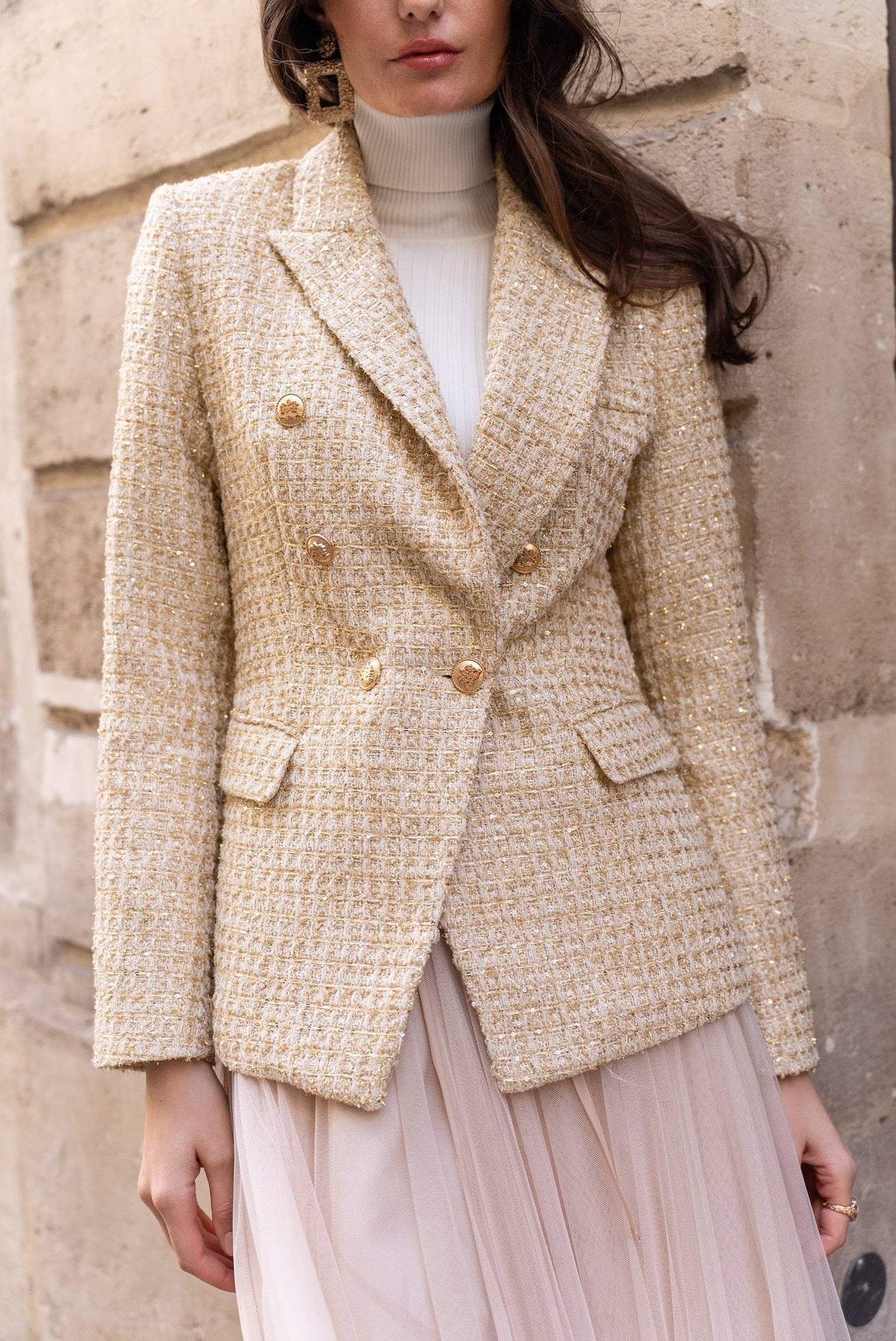 Aurora - Goldener Tweedblazer mit Pailletten & Doppelreihe
