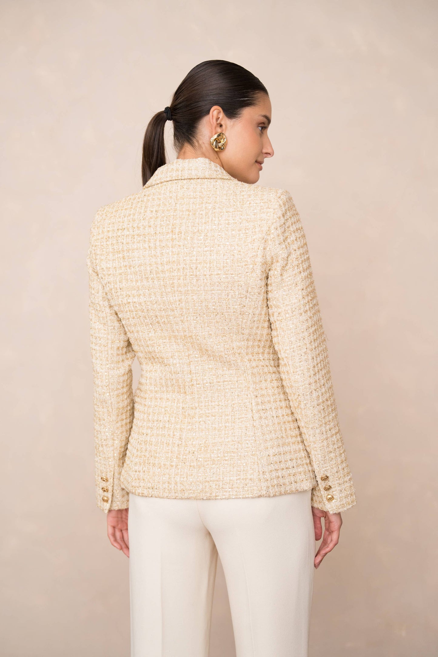 Aurora - Goldener Tweedblazer mit Pailletten & Doppelreihe