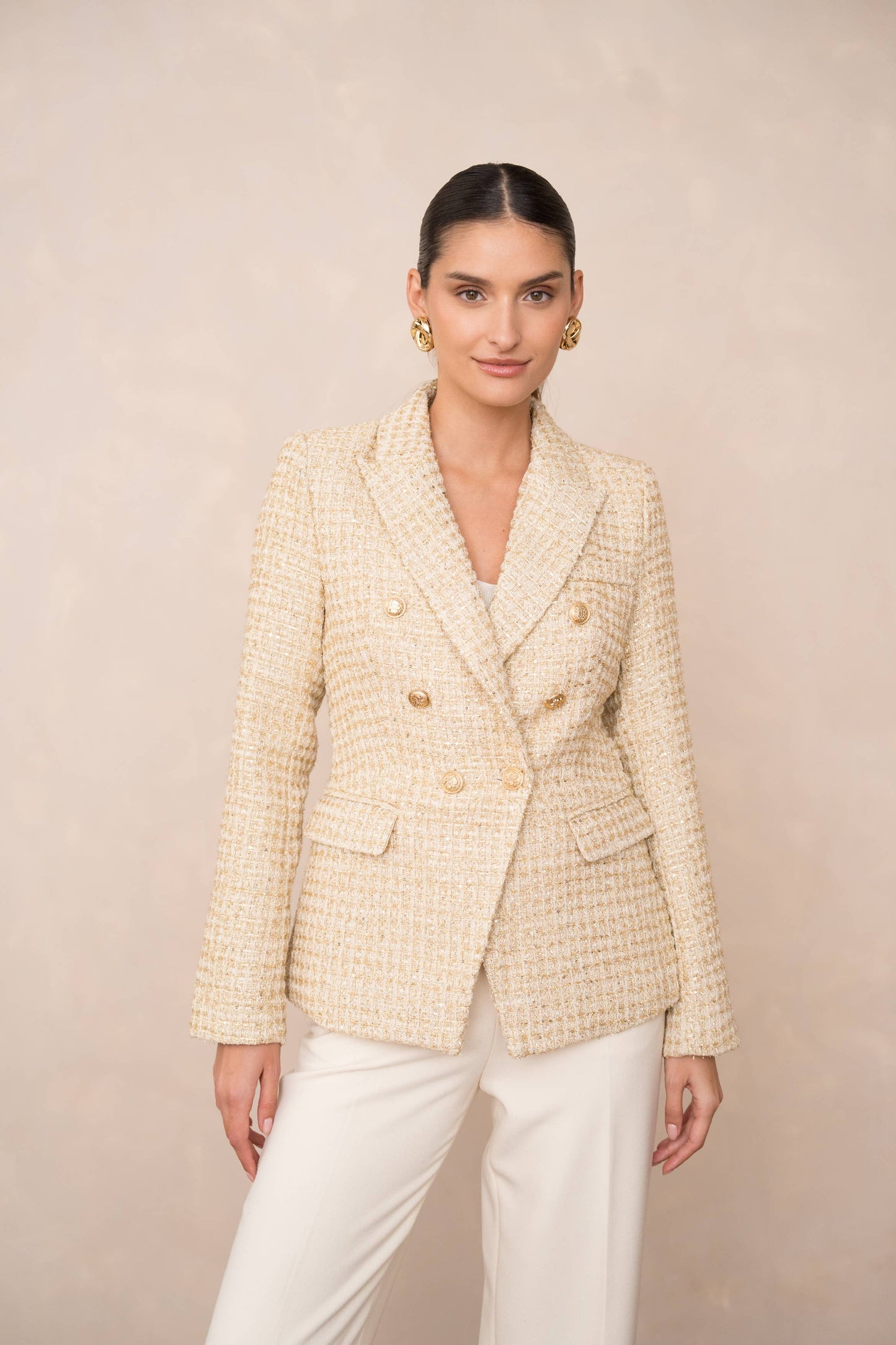 Aurora - Goldener Tweedblazer mit Pailletten & Doppelreihe