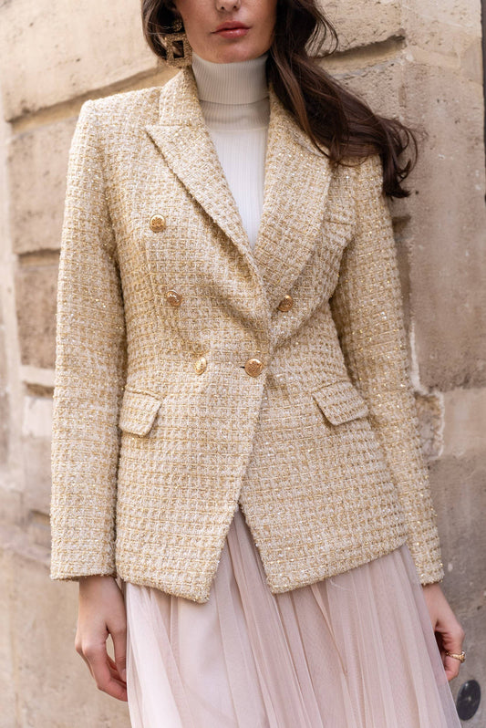 Aurora - Goldener Tweedblazer mit Pailletten & Doppelreihe
