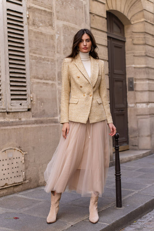 Aurora - Goldener Tweedblazer mit Pailletten & Doppelreihe